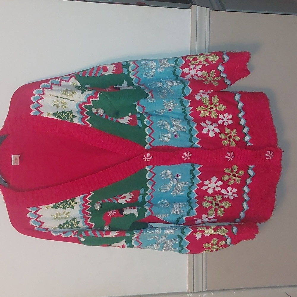 Holiday Time Christmas Cardigan Sweater Santa Reindeer Trees Snowflakes Sz XL